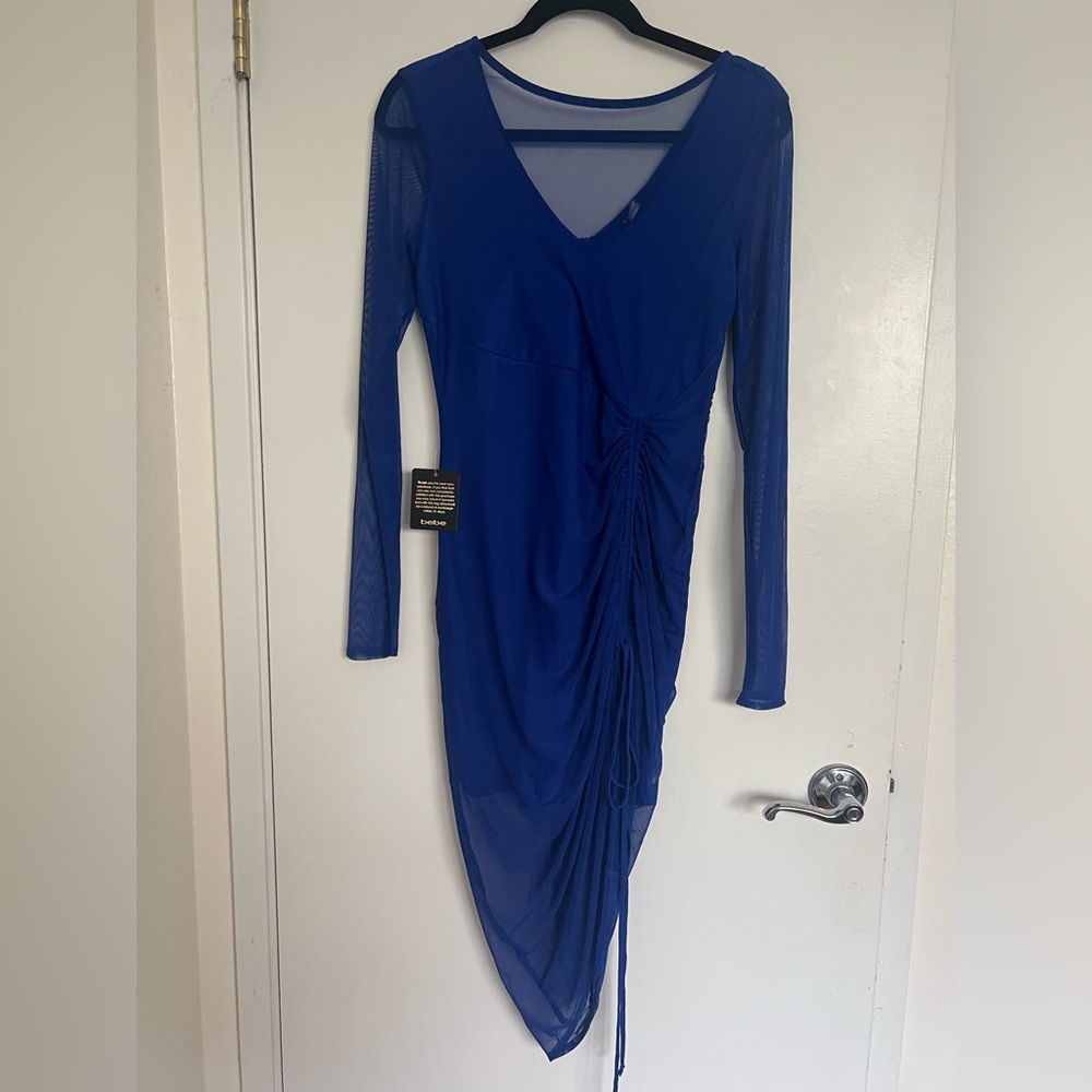 bebe long sleeve mesh ruched dress